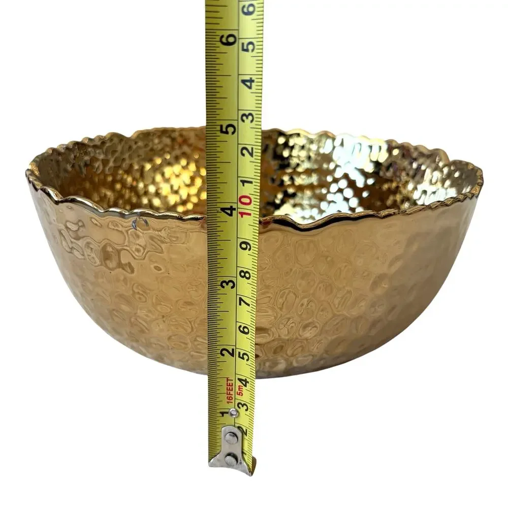 Hammered Gold Enameled Serving Bowl 8.5in Ceramic Chic Holiday Hosting NEW